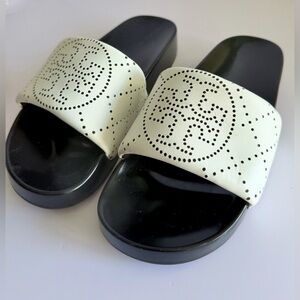 Tory Burch Double T Pool Slide Sandals in White and Black